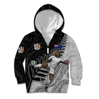 Personalized New Zealand Football Kid Hoodie Kiwi Mascot with Silver Fern - Maori Tribal Tattoo Art TS04 Zip Hoodie Black White - Polynesian Pride