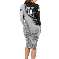 Personalized New Zealand Football Long Sleeve Bodycon Dress Kiwi Mascot with Silver Fern - Maori Tribal Tattoo Art TS04 - Polynesian Pride