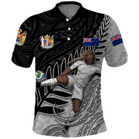 Personalized New Zealand Football Polo Shirt Kiwi Mascot with Silver Fern - Maori Tribal Tattoo Art TS04 Black White - Polynesian Pride