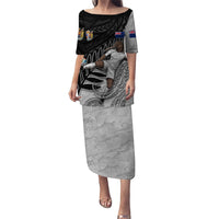 Personalized New Zealand Football Puletasi Kiwi Mascot with Silver Fern - Maori Tribal Tattoo Art TS04 Long Dress Black White - Polynesian Pride