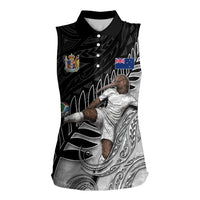 Personalized New Zealand Football Women Sleeveless Polo Shirt Kiwi Mascot with Silver Fern - Maori Tribal Tattoo Art TS04 Female Black White - Polynesian Pride