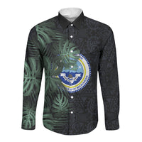 Federated States Of Micronesia Long Sleeve Button Shirt FSM Tropical Monstera Leaf Dark Tribal Pattern TS04 Unisex Black Green - Polynesian Pride