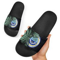Federated States Of Micronesia Slide Sandals FSM Tropical Monstera Leaf Dark Tribal Pattern TS04 - Polynesian Pride