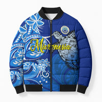 Micronesia Sea Turtle Bomber Puffer Jacket Federated States Of Micronesia Tribal Floral Pattern TS04 Unisex Blue White - Polynesian Pride