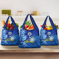 Micronesia Sea Turtle Grocery Bag Federated States Of Micronesia Tribal Floral Pattern TS04 3-pack One Size Blue White - Polynesian Pride