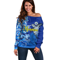Micronesia Sea Turtle Off Shoulder Sweater Federated States Of Micronesia Tribal Floral Pattern TS04 Women Blue White - Polynesian Pride