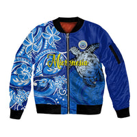 Micronesia Sea Turtle Sleeve Zip Bomber Jacket Federated States Of Micronesia Tribal Floral Pattern TS04 Unisex Blue White - Polynesian Pride