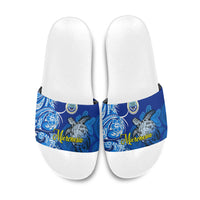 Micronesia Sea Turtle Slide Sandals Federated States Of Micronesia Tribal Floral Pattern TS04 Blue White - Polynesian Pride