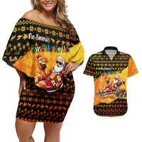 Tropical Christmas In July Santa Claus Couples Matching Off Shoulder Short Dress and Hawaiian Shirt Festive Hawaiian With Beach Reindeer Sleigh TS04 Orange Black - Polynesian Pride