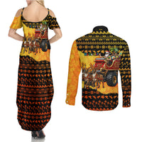 Tropical Christmas In July Santa Claus Couples Matching Summer Maxi Dress and Long Sleeve Button Shirt Festive Hawaiian With Beach Reindeer Sleigh TS04 - Polynesian Pride
