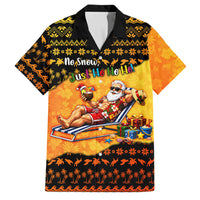 Tropical Christmas In July Santa Claus Family Matching Mermaid Dress and Hawaiian Shirt Festive Hawaiian With Beach Reindeer Sleigh TS04 Dad's Shirt - Short Sleeve Orange Black - Polynesian Pride