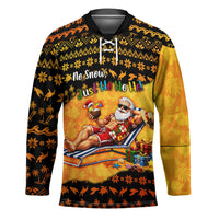 Tropical Christmas In July Santa Claus Hockey Jersey Festive Hawaiian With Beach Reindeer Sleigh TS04 Unisex Orange Black - Polynesian Pride