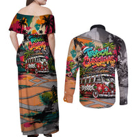 Tropical Christmas In July Candy Cane Surf Couples Matching Off Shoulder Maxi Dress and Long Sleeve Button Shirt Vibrant Street Art Beach Graffiti Graphic TS04 - Polynesian Pride