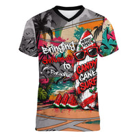 Tropical Christmas In July Candy Cane Surf Women V-Neck T-Shirt Vibrant Street Art Beach Graffiti Graphic TS04 Female Orange Grey - Polynesian Pride