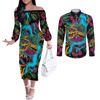 Pineapple Skull Couples Matching Off The Shoulder Long Sleeve Dress and Long Sleeve Button Shirts Sumer Time TS04 - Polynesian Pride