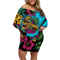 Pineapple Skull Family Matching Off Shoulder Short Dress and Hawaiian Shirt Sumer Time TS04 Mom's Dress Multicolor - Polynesian Pride