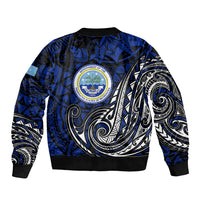 Micronesia Independence Day FSM Sleeve Zip Bomber Jacket Tribal Tattoo Pattern Flag Seal Heritage