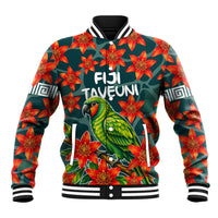 Fiji Taveuni Parrot Baseball Jacket Tropical Waterfall Landscape With Floral Tribal Pattern TS04 Unisex Green Orange - Polynesian Pride