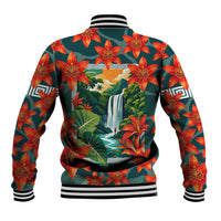 Fiji Taveuni Parrot Baseball Jacket Tropical Waterfall Landscape With Floral Tribal Pattern TS04 - Polynesian Pride