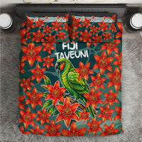 Fiji Taveuni Parrot Bedding Set Tropical Waterfall Landscape With Floral Tribal Pattern TS04 Green Orange - Polynesian Pride