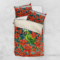 Fiji Taveuni Parrot Bedding Set Tropical Waterfall Landscape With Floral Tribal Pattern TS04 US Twin 172cm x 218cm Green Orange - Polynesian Pride