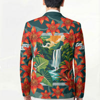 Fiji Taveuni Parrot Blazer Tropical Waterfall Landscape With Floral Tribal Pattern TS04 - Polynesian Pride