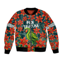 Fiji Taveuni Parrot Bomber Jacket Tropical Waterfall Landscape With Floral Tribal Pattern TS04 Unisex Green Orange - Polynesian Pride