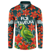 Fiji Taveuni Parrot Button Sweatshirt Tropical Waterfall Landscape With Floral Tribal Pattern TS04 Green Orange - Polynesian Pride