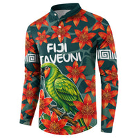 Fiji Taveuni Parrot Button Sweatshirt Tropical Waterfall Landscape With Floral Tribal Pattern TS04 - Polynesian Pride