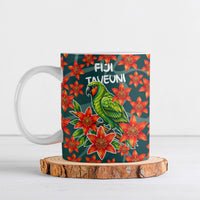 Fiji Taveuni Parrot Ceramic Mug Tropical Waterfall Landscape With Floral Tribal Pattern TS04 Green Orange - Polynesian Pride