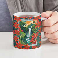 Fiji Taveuni Parrot Ceramic Mug Tropical Waterfall Landscape With Floral Tribal Pattern TS04 - Polynesian Pride