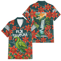 Fiji Taveuni Parrot Family Matching Mermaid Dress and Hawaiian Shirt Tropical Waterfall Landscape With Floral Tribal Pattern TS04 Dad's Shirt - Short Sleeve Green Orange - Polynesian Pride