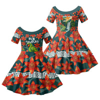 Fiji Taveuni Parrot Family Matching Mermaid Dress and Hawaiian Shirt Tropical Waterfall Landscape With Floral Tribal Pattern TS04 Daughter's Dress Green Orange - Polynesian Pride