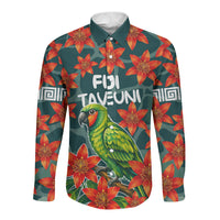 Fiji Taveuni Parrot Long Sleeve Button Shirt Tropical Waterfall Landscape With Floral Tribal Pattern TS04 Unisex Green Orange - Polynesian Pride