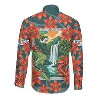 Fiji Taveuni Parrot Long Sleeve Button Shirt Tropical Waterfall Landscape With Floral Tribal Pattern TS04 - Polynesian Pride