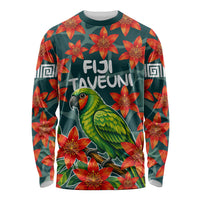 Fiji Taveuni Parrot Long Sleeve Shirt Tropical Waterfall Landscape With Floral Tribal Pattern TS04 Unisex Green Orange - Polynesian Pride