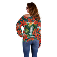 Fiji Taveuni Parrot Off Shoulder Sweater Tropical Waterfall Landscape With Floral Tribal Pattern TS04 - Polynesian Pride