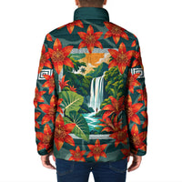 Fiji Taveuni Parrot Padded Jacket Tropical Waterfall Landscape With Floral Tribal Pattern TS04 - Polynesian Pride