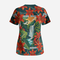 Fiji Taveuni Parrot Scrub Top Tropical Waterfall Landscape With Floral Tribal Pattern TS04 - Polynesian Pride