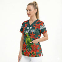 Fiji Taveuni Parrot Scrub Top Tropical Waterfall Landscape With Floral Tribal Pattern TS04 - Polynesian Pride