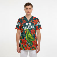 Fiji Taveuni Parrot Scrub Top Tropical Waterfall Landscape With Floral Tribal Pattern TS04 - Polynesian Pride
