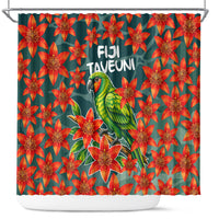 Fiji Taveuni Parrot Shower Curtain Tropical Waterfall Landscape With Floral Tribal Pattern TS04 Green Orange - Polynesian Pride