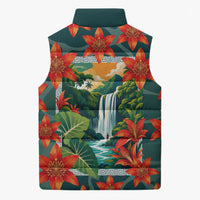 Fiji Taveuni Parrot Sleeveless Puffer Jacket Tropical Waterfall Landscape With Floral Tribal Pattern TS04 - Polynesian Pride
