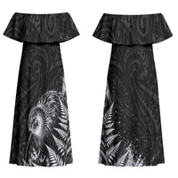 Personalized New Zealand Kiwi Bird Couples Matching Off Shoulder Maxi Dress and Long Sleeve Button Shirt Grunge Maori Tribal Pattern Silver Fern