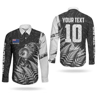 Personalized New Zealand Kiwi Bird Couples Matching Off Shoulder Short Dress and Long Sleeve Button Shirt Grunge Maori Tribal Pattern Silver Fern