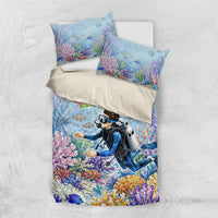 Fiji Taveuni Rainbow Reef Bedding Set Scuba Diver Vibrant Undersea Coral Garden Watercolor TS04 US Twin 172cm x 218cm Blue - Polynesian Pride