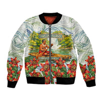 Fiji Taveuni Island Dateline Crossing Bomber Jacket Tropical Cultural Landscape With Tagimoucia Floral Pattern TS04 Unisex White Green - Polynesian Pride