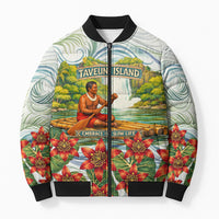 Fiji Taveuni Island Dateline Crossing Bomber Puffer Jacket Tropical Cultural Landscape With Tagimoucia Floral Pattern TS04 Unisex White Green - Polynesian Pride