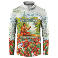 Fiji Taveuni Island Dateline Crossing Button Sweatshirt Tropical Cultural Landscape With Tagimoucia Floral Pattern TS04 White Green - Polynesian Pride