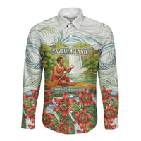 Fiji Taveuni Island Dateline Crossing Long Sleeve Button Shirt Tropical Cultural Landscape With Tagimoucia Floral Pattern TS04 Unisex White Green - Polynesian Pride